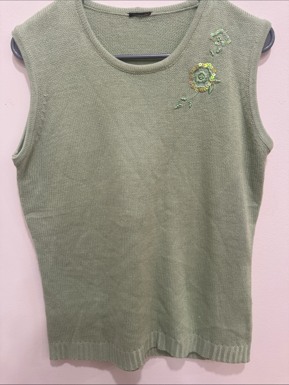 Vintage Sage Green Knit Sweater Vest Sequin Flower Cottagecore Granny
